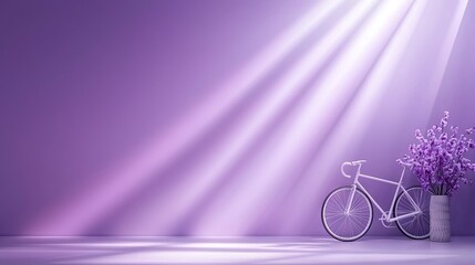 Fototapeta premium A bicycle parked next to a vase with purple flowers on a purple background, illuminated by sunlight streaming through the window