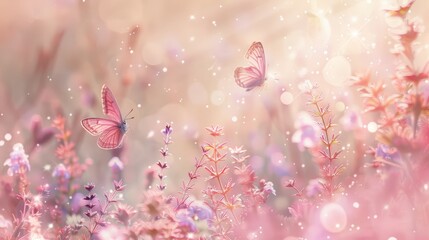 Delicate butterflies gracefully flutter among soft pink flowers, creating an enchanting and magical atmosphere - Powered by Adobe