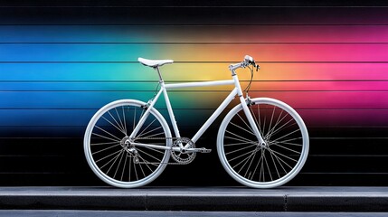 Fototapeta premium A white bicycle, parked before a multicolored wall, is visible in front of a building with a rainbow-colored wall