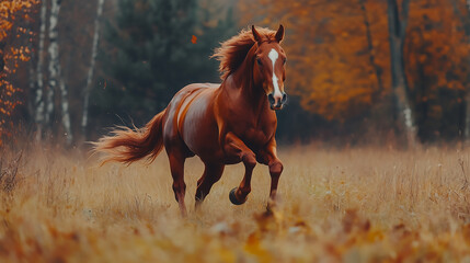 majestic brown horse galloping through an autumn meadow, with its mane flowing in the wind and leaves falling around it