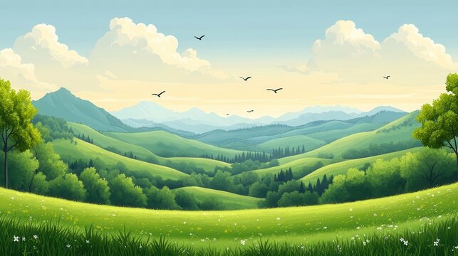 serene summer landscape rolling green hills lush fields and vibrant blue sky with fluffy white clouds flat style illustration with bold colors