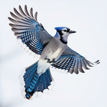 recommend clip art: The blue jay is a corvid passerine bird endemic to the eastern region of North America, captured in mid-flight with its feathers and wings spread against a white backdrop.