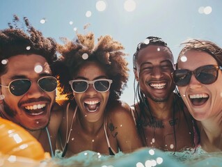 A diverse group of young friends, both men and women, wearing sunglasses and radiating joy as they laugh and enjoy their summer vacation in the water, standing close together and looking at the camera
