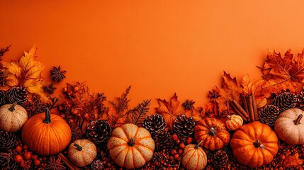   A cluster of pumpkins arranged on top of a heap of leaves and acorns