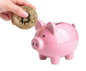Pink piggy bank with a hand inserting a Bitcoin coin, isolated on a white background with a transparent background. Concept: saving and investing in cryptocurrency. Ideal for financial services, crypt
