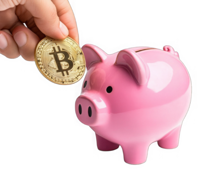 Pink piggy bank with a hand inserting a Bitcoin coin, isolated on a white background with a transparent background. Concept: saving and investing in cryptocurrency. Ideal for financial services, crypt