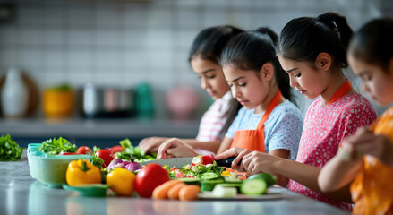Four girls engage in cooking fun, learning to chop vegetables in a bright kitchen. A joyful moment of culinary creativity and teamwork.