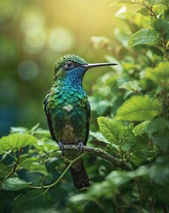 Fototapeta premium Hummingbird on a green branch in the wild. Hummingbird on a green branch in the forest.