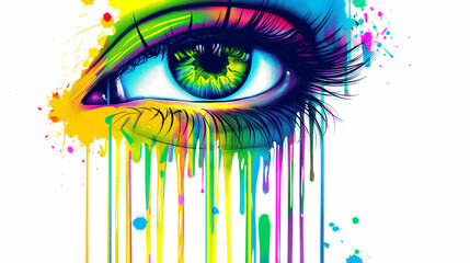 An eye, pop art in the style of gary doger, dripping neon colors on a white background