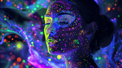 Blacklight poster style, a beautiful woman's head with cosmic patterns swirling around her face.