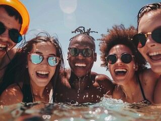Group of multi ethnic friends, wearing eyeglasses, enjoying their summer vacation at the beach, swimming in sea and looking at camera, enjoying and having fun.