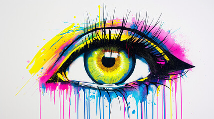An human eye, pop art in the style of gary doger, dripping neon colors on a white background