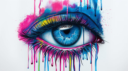 An eye, pop art in the style of gary doger, dripping neon colors on a white background