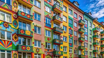 Naklejka premium vibrant, real estate, construction, Colored decoration of a residential building in the Svetly Mir Residential complex located in the Lianozovo microdistrict on Ilimskaya Street Moscow