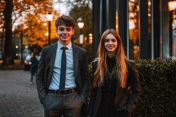 Fototapeta premium A charming evening stroll through a city park as two young friends dressed in elegant attire bask in the warm glow of autumn lights together