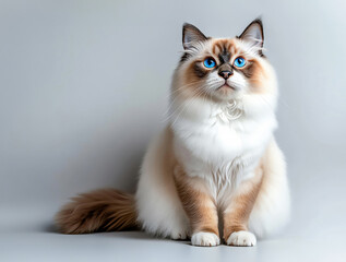 A fluffy cat with vibrant blue eyes sitting gracefully against a light background, radiating charm and elegance.