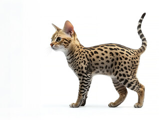 Obraz premium A graceful Bengal cat with striking spots and a sleek body, showcasing its unique beauty and playful nature.