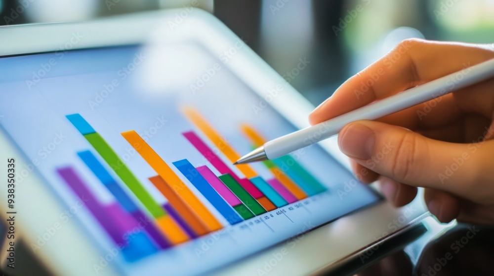 Poster close-up of a tablet displaying a multicolored bar graph, with a stylus pen in hand