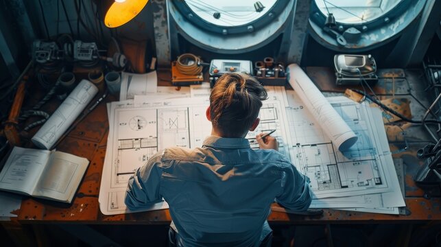 Shipbuilding engineer analyzing safety protocols and compliance standards with detailed blueprints