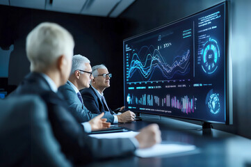 Fototapeta premium Business professionals analyze data on a large screen, showcasing graphs and insights for strategic decision-making.