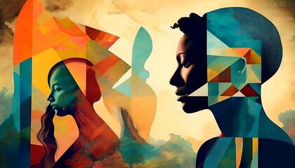 A vibrant abstract art piece featuring colorful backgrounds and silhouetted human figures, with geometric shapes and textures enhancing the visual interest