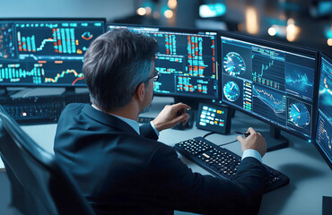 Business professional analyzing data on multiple screens in a modern office environment.