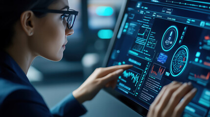 Professional woman analyzing data on a modern touchscreen display in a high-tech environment with graphs and statistics.