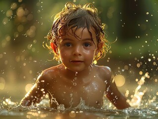 Fototapeta premium Little toddler looking at the camera, enjoying a summer day while splashing in the water with a sunset backdrop.