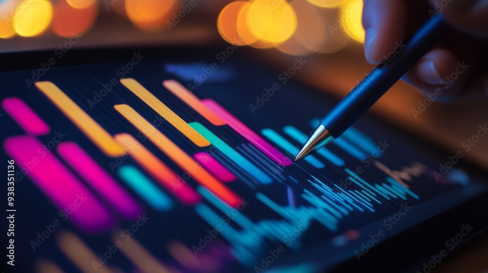Poster close-up of a tablet displaying a multicolored bar graph, with a stylus pen in hand
