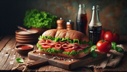 fresh sandwich with lettuce, tomatoes, and sliced meat, multigrain bread, wooden cutting board, bottle of soda, rustic background, warm and inviting lighting, depth of field, close-up food photography