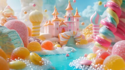 Fototapeta premium A whimsical candy land with a castle, candy, and a blue water lake.