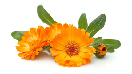 Three bright orange marigold flowers with green leaves are on a white background.