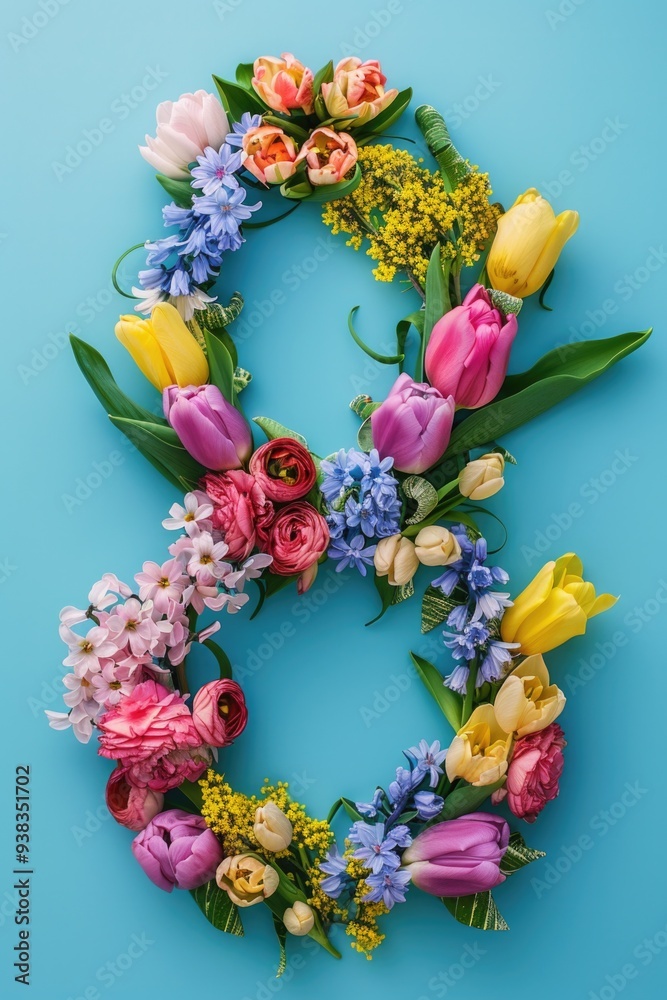Poster a creative arrangement of flowers forms the shape of a number 8 on a blue background