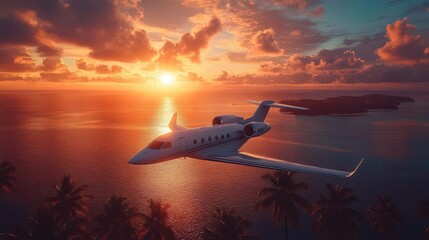 Naklejka premium sleek private jet soaring over lush tropical island golden sun rays piercing through cotton candy clouds silhouetted palm trees swaying in breeze turquoise ocean below