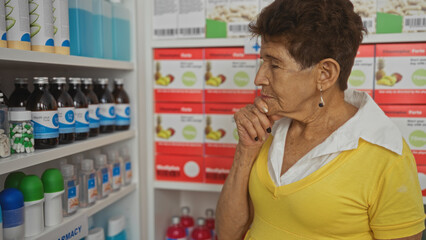 An elderly hispanic woman with short hair in a pharmacy stands in contemplation in front of a shelf with various medicine bottles and products. © Krakenimages.com