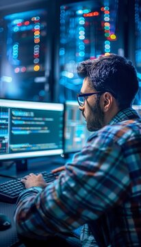 It programmer developing software and hardware in modern data center with advanced technology setup