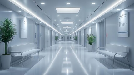 sterile hospital corridor with modern seating area cool color palette and clean lines create calming atmosphere soft lighting and minimalist design emphasize cleanliness and efficiency