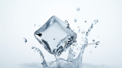An ice cube creates a splash of water as it falls into a clear liquid.