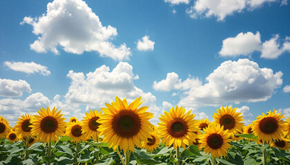 Fototapeta premium A field of blooming sunflowers under a bright blue sky with fluffy white clouds, Sunflowers under the blue sky, Field of giant yellow sunflowers in full bloom