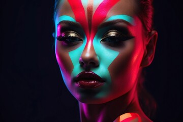 Obraz premium Closeup portrait of stunning pretty woman with chiseled features, neon bright fluorescent makeup. Illuminated with dynamic composition dramatic lighting. Copy space text. Fashion concept 