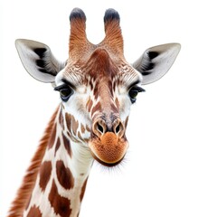 Fototapeta premium A close-up image of a majestic giraffe displaying its unique facial features and spotted coat against a white background.