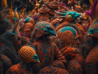 Vibrant Ornate Fantasy Creatures in a Lively Festival Setting