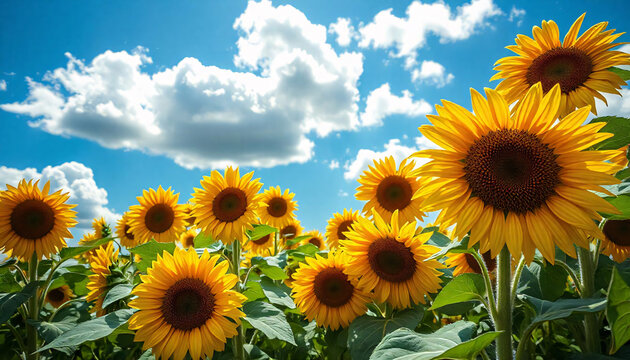 A field of blooming sunflowers under a bright blue sky with fluffy white clouds, Sunflowers under the blue sky, Field of giant yellow sunflowers in full bloom