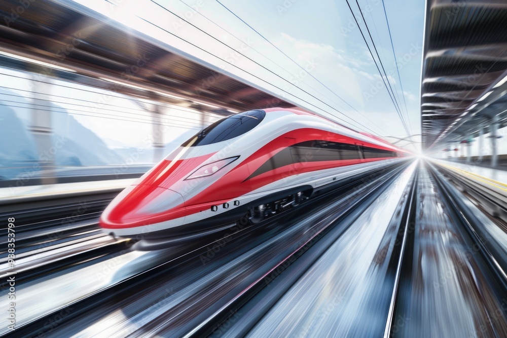 Poster train journey on rail tracks with red and white paint scheme, suitable for travel or transportation 