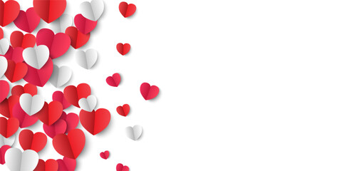 Valentine's Day background, White and red paper hearts, vector illustration