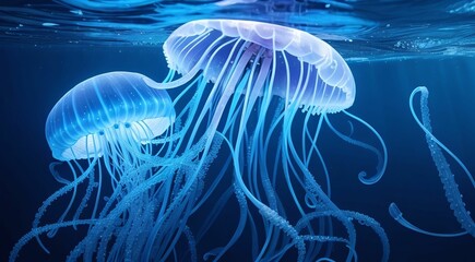Jellyfish swimming in the sea. Group of jellyfish in the deep blue sea, with their transparent bodies and long tentacles floating gracefully through the water
