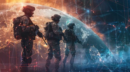 Fototapeta premium Three soldiers stand in front of a glowing globe, symbolizing global security and protection.