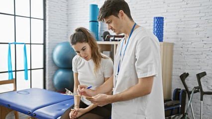 In a bright physiotherapy clinic, a woman watches attentively as a man, a therapist, writes notes on a clipboard near rehabilitation equipment.