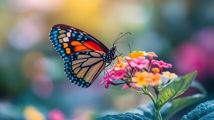 Naklejka premium Vivid butterflies and bright flowers in a garden setting perfect for nature and wildlife photography