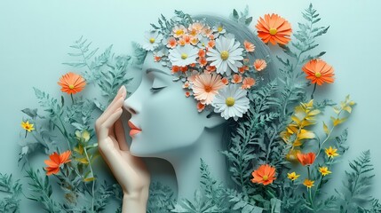 surreal digital illustration of human hands cradling paper cutout head blooming flowers emerging from brain selfcare and mental health concept
